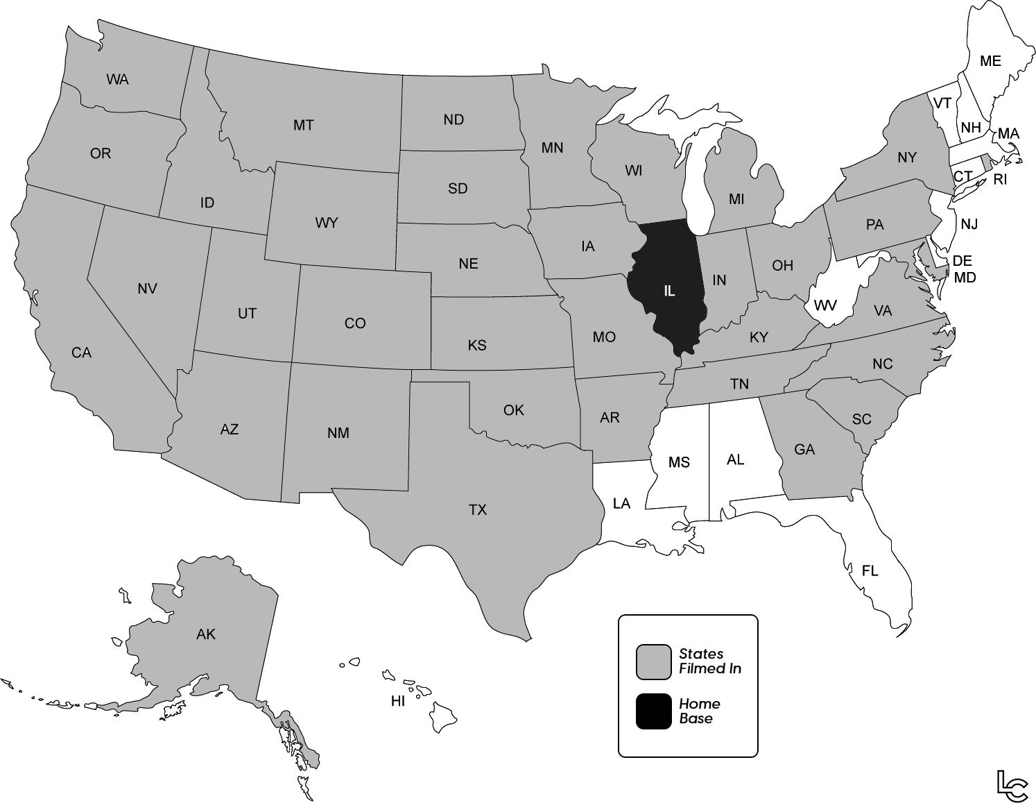 Map of U.S. states LoveCreative has filmed in